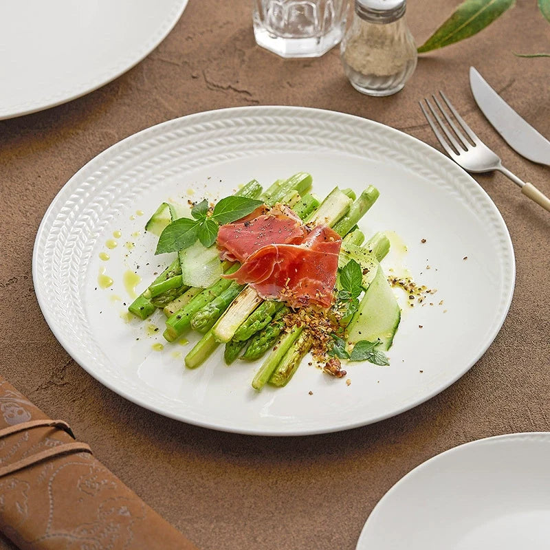 Braided Rim White Ceramic Plate – Elegant Textured Porcelain Dinnerware