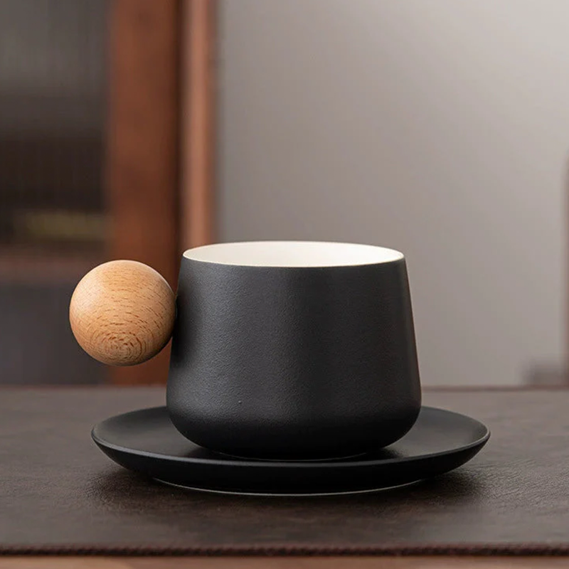 Nordic Ceramic Mug & Saucer Set with Wooden Ball Handle | Minimalist Coffee Gift