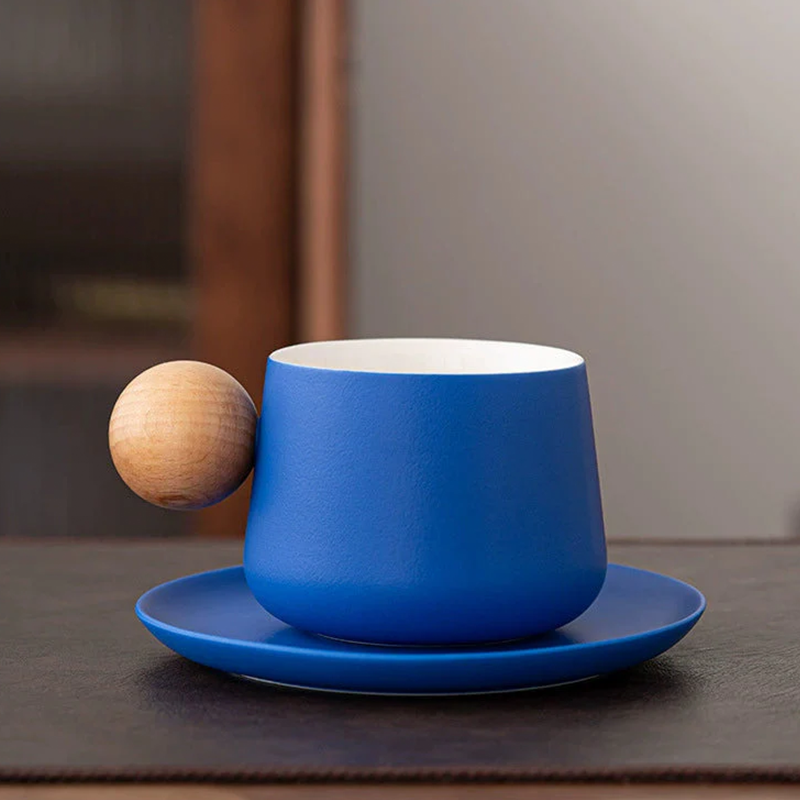 Nordic Ceramic Mug & Saucer Set with Wooden Ball Handle | Minimalist Coffee Gift