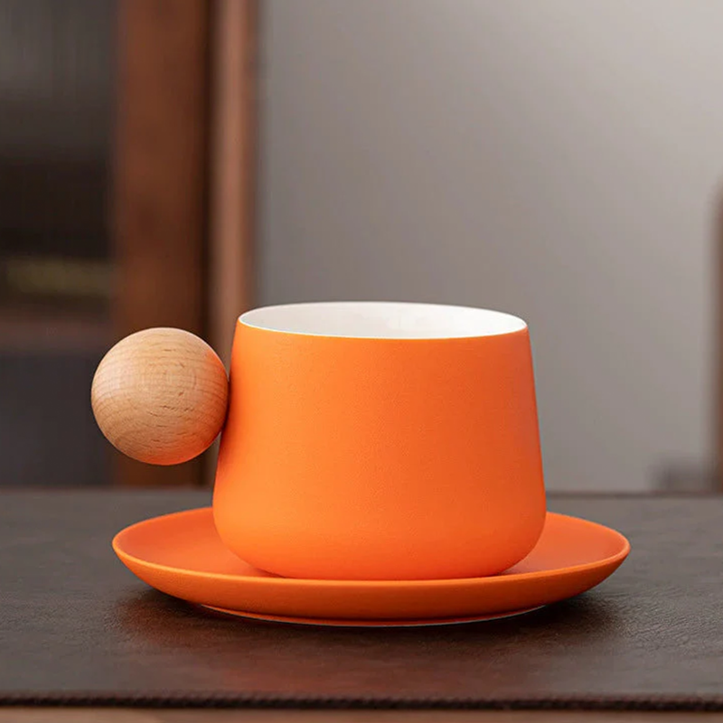 Nordic Ceramic Mug & Saucer Set with Wooden Ball Handle | Minimalist Coffee Gift