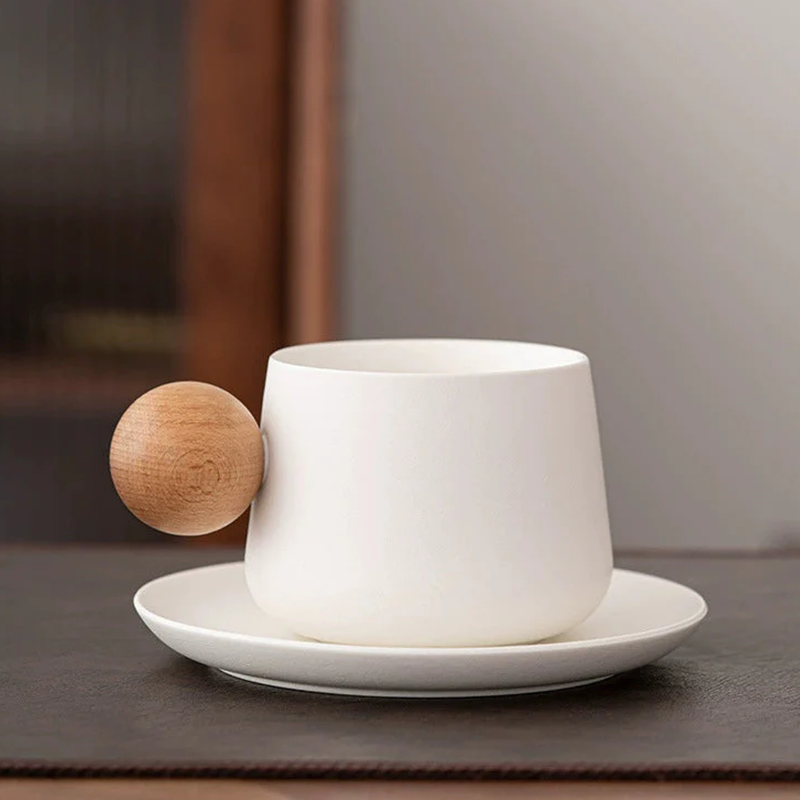 Nordic Ceramic Mug & Saucer Set with Wooden Ball Handle | Minimalist Coffee Gift