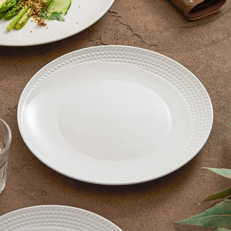 Braided Rim White Ceramic Plate – Elegant Textured Porcelain Dinnerware