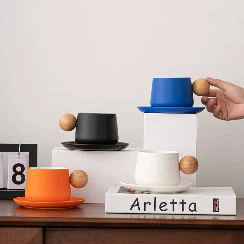 Nordic Ceramic Mug & Saucer Set with Wooden Ball Handle | Minimalist Coffee Gift