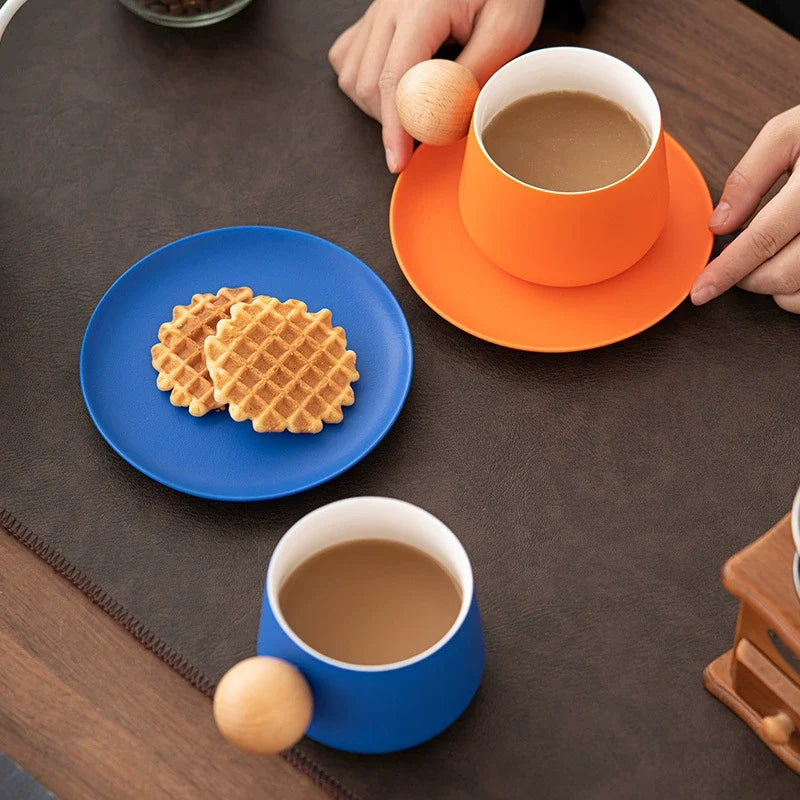 Nordic Ceramic Mug & Saucer Set with Wooden Ball Handle | Minimalist Coffee Gift